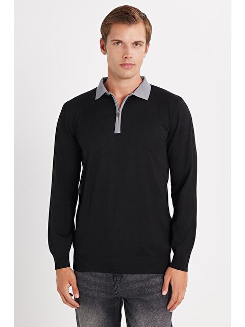 TUDORS Erkek Standart Fit Uzun Kol Yarım Fermuarlı Polo Yaka Siyah Kazak - S000519778-19351