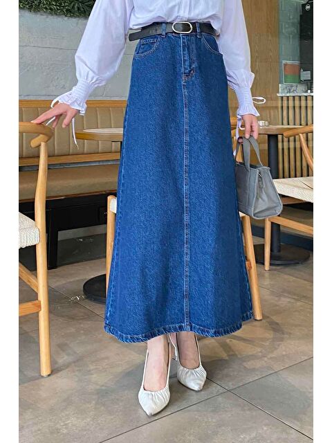 Lamelif Önü Fermuarlı Jean Etek Koyu Mavi - S000518438-19393