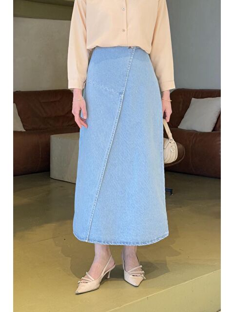 Lamelif Kruvaze Kapama Tesettür Jean Etek Buz Mavisi - S000518439-3053