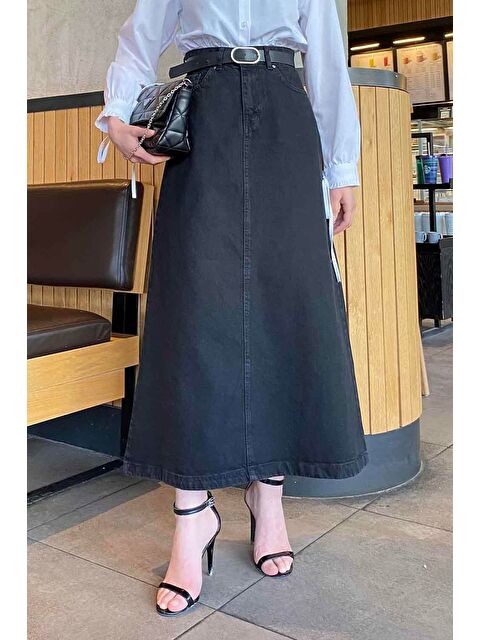 Lamelif Önü Fermuarlı Jean Etek Füme - S000518440-33408