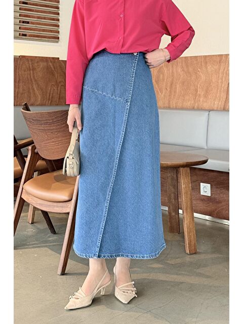 Lamelif Kruvaze Kapama Tesettür Jean Etek Mavi - S000518439-17234