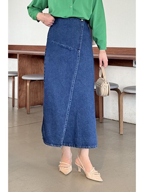 Lamelif Kruvaze Kapama Tesettür Jean Etek Koyu Mavi - S000518439-19393