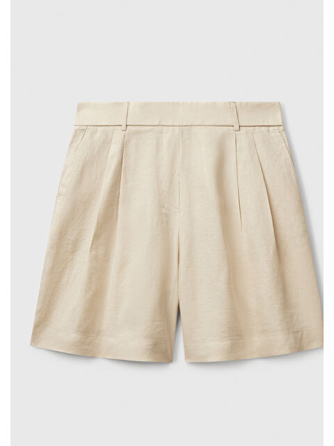 United Colors Of Benetton Kadın Taş %100 Keten Arka Beli Lastikli Pileli Relax Fit Bermuda Şort - S000517664-25636