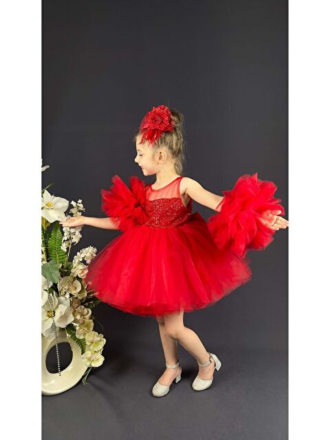 Mnk Baby & Kids Şifon Robalı Ponpon Kol Pul Payetli Kız Çocuk Kabarık Etek Tütülü Abiye - S000384744-20045