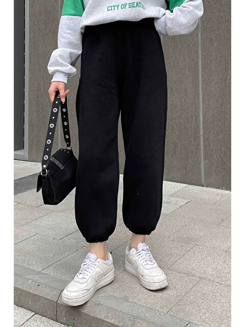 Lamelif Paça Lastikli Üç İplik Alt Eşofman Siyah - S000518446-19351