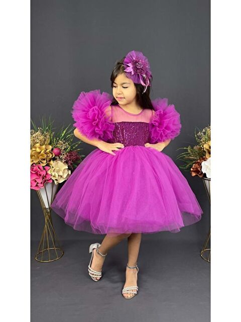 Mnk Baby & Kids Şifon Robalı Ponpon Kol Pul Payetli Kız Çocuk Kabarık Etek Tütülü Abiye - S000384744-20042