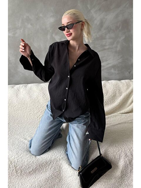 Madmext Siyah Kırışık Desen Kadın Gömlek Mg2313 - S000347745-19351