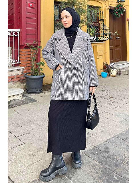 Lamelif Zikzak Desen Balık Sırtı Kaban Siyah Beyaz - S000518113-37424