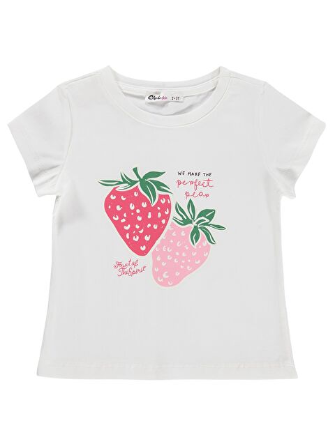 Civil Girls Çilek Baskılı 2-5 Yaş Tişört - Kırık Beyaz