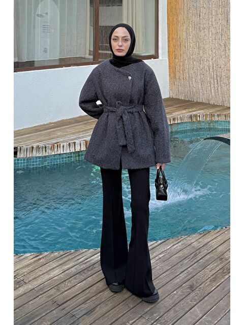 Lamelif Gold Düğmeli Kaban Antrasit - S000518452-29666