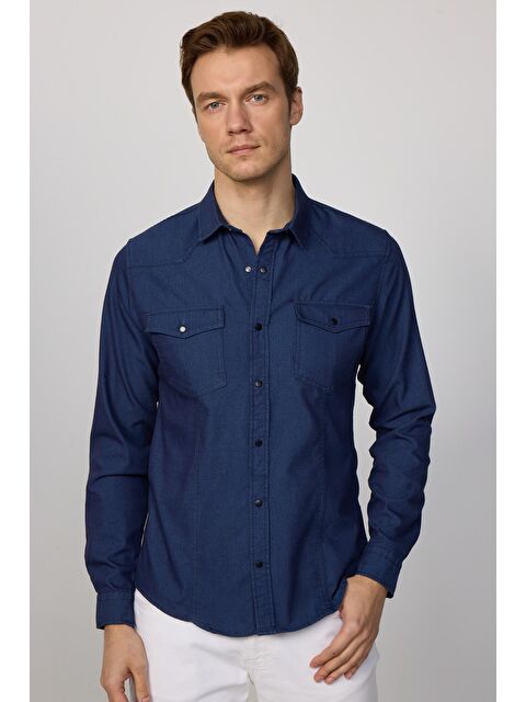 TUDORS Slim Fit Uzun Kollu Gündelik Denim Jean Lacivert Erkek Gömlek - S000138627-21164