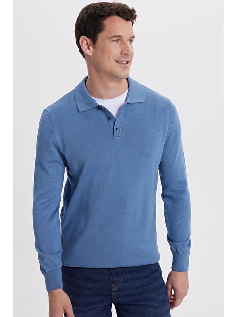 TUDORS Erkek Standart Fit Normal Kesim Pamuklu Polo Yaka İndigo Kazak - S000519783-23093