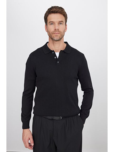 TUDORS Erkek Standart Fit Normal Kesim Pamuklu Polo Yaka Siyah Kazak - S000519786-19351