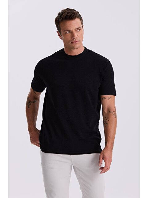 JAKAMEN Siyah %100 Pamuk Desenli Bisiklet Yaka T-Shirt - S000496955-19351