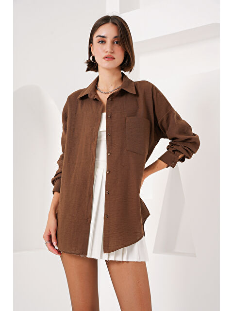 Bigdart 20153 Tek Cepli Oversize Keten Gömlek - A.Kahve - S000085424-29705