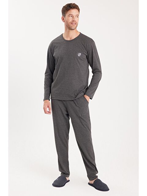 TUDORS Erkek Standart Fit %100 Pamuk Bisiklet Yaka Beli Lastikli Antrasit Pijama Takımı - S000522038-29666