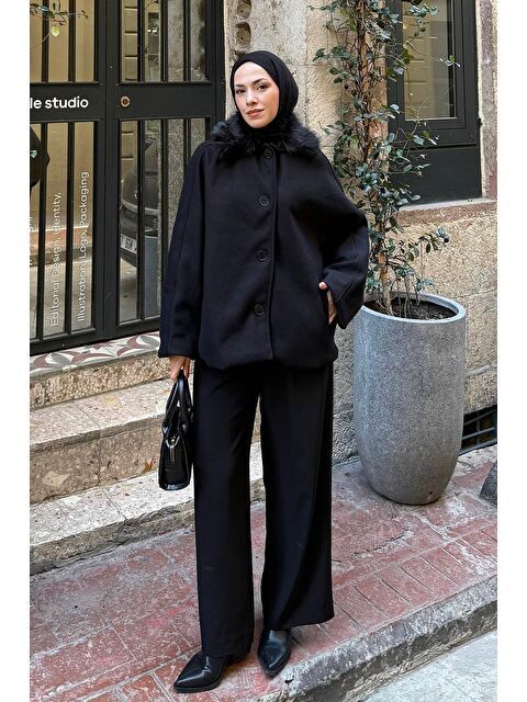 Lamelif Kürk Yakalı Kaban Siyah - S000518456-19351