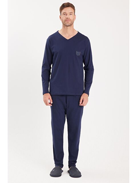 TUDORS Erkek Standart Fit %100 Pamuk V Yaka Beli Lastikli Lacivert Pijama Takımı - S000522040-21164