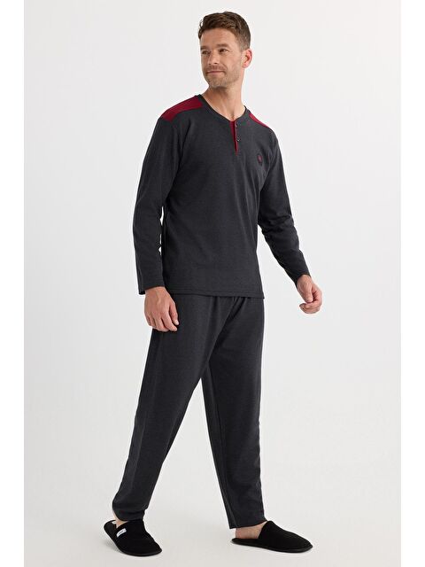 TUDORS Erkek Regular Fit Pamuklu Düğmeli Yaka Beli Lastikli Desenli Antrasit Pijama Takımı - S000522042-29666