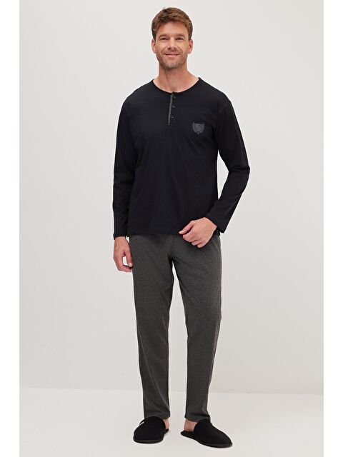 TUDORS Erkek Standart Fit Normal Kesim %100 Pamuk Bisiklet Yaka Beli Lastikli Antrasit Pijama Takımı - S000522041-29666