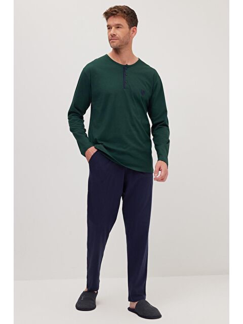 TUDORS Erkek Standart Fit Normal Kesim %100 Pamuk Bisiklet Yaka Beli Lastikli Lacivert Pijama Takımı - S000522044-21164