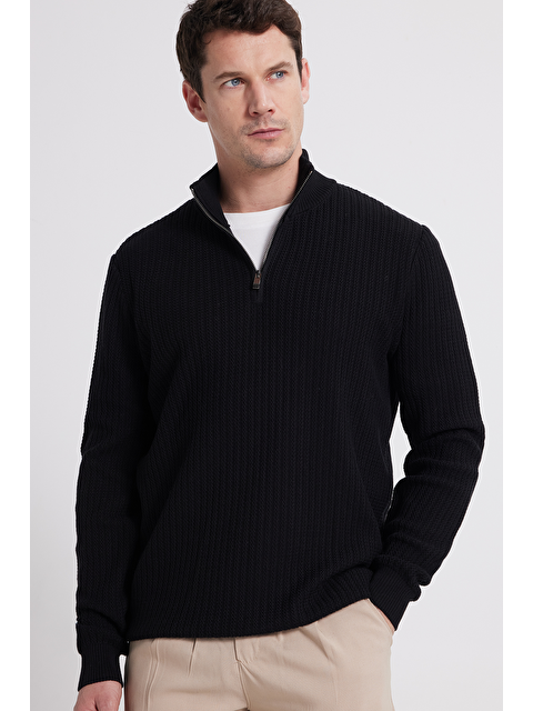 TUDORS Erkek Slim Fit Dar Kesim Dik Yaka Fermuarlı Siyah Kazak - S000519796-19351