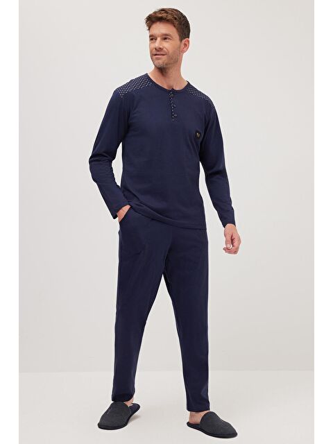 TUDORS Erkek Standart Fit Normal Kesim %100 Pamuk Bisiklet Yaka Beli Lastikli Lacivert Pijama Takımı - S000522045-21164