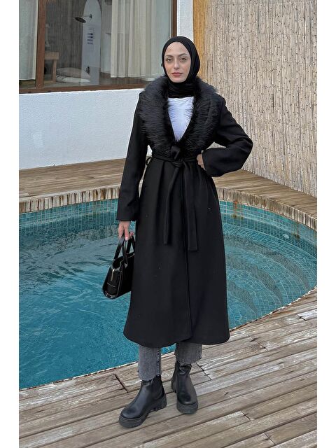 Lamelif Kürk Yakalı Kaban Siyah - S000518106-19351