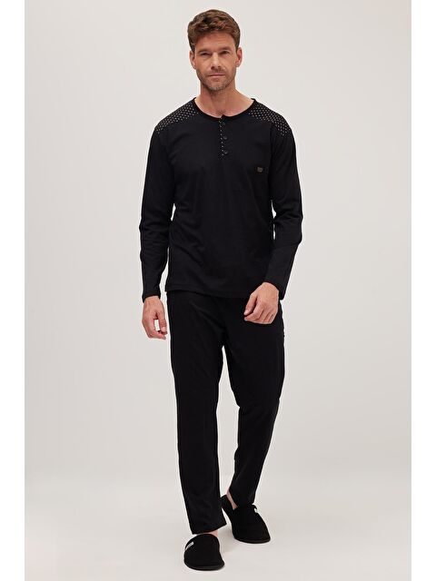 TUDORS Erkek Standart Fit Normal Kesim %100 Pamuk Bisiklet Yaka Beli Lastikli Siyah Pijama Takımı - S000522046-19351