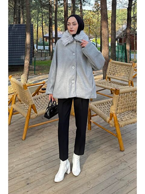 Lamelif Kürk Yakalı Kaban Gri - S000518456-20600