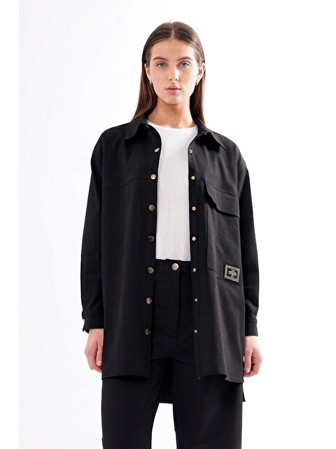 Remsa Cebi İşleme Detaylı Önden Çıt Çıtlı Denim Ceket Gömlek 871 Siyah