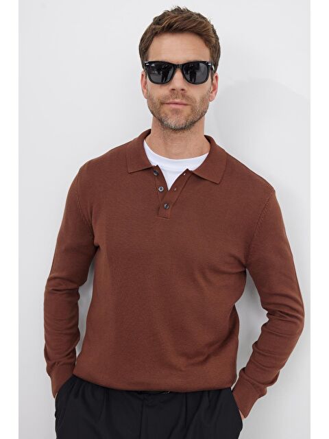 TUDORS Erkek Standart Fit Normal Kesim Pamuklu Polo Yaka Kahverengi Kazak - S000519797-19413