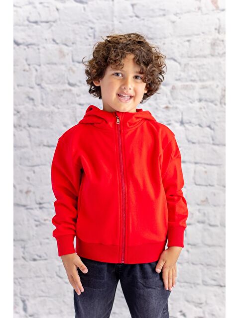 ZEYLAND Unisex Çocuk Basic Kapüşonlu Fermuarlı Sweatshirt   Kırmızı - S000316568-20045