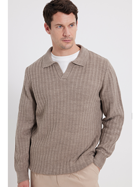 TUDORS Erkek Standart Fit Normal Kesim Polo Yaka Kahverengi Kazak - S000519804-19413