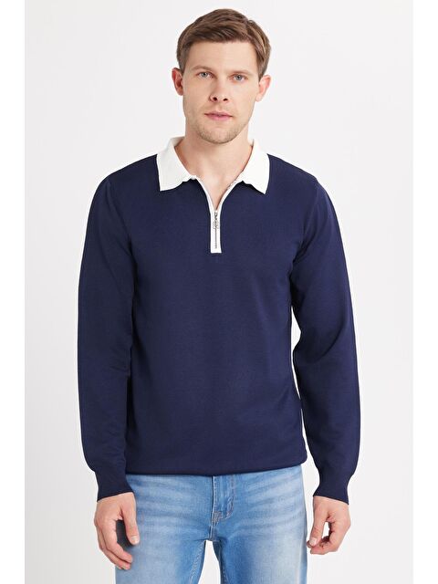 TUDORS Erkek Standart Fit Uzun Kol Yarım Fermuarlı Polo Yaka Lacivert Kazak - S000519800-21164