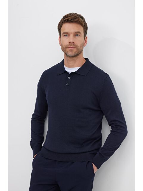 TUDORS Erkek Standart Fit Normal Kesim Pamuklu Polo Yaka Lacivert Kazak - S000519799-21164