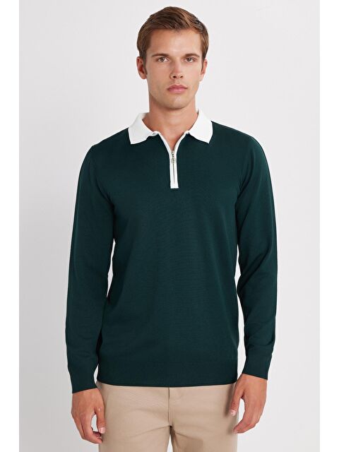 TUDORS Erkek Standart Fit Uzun Kol Yarım Fermuarlı Polo Yaka Yeşil Kazak - S000519801-18194