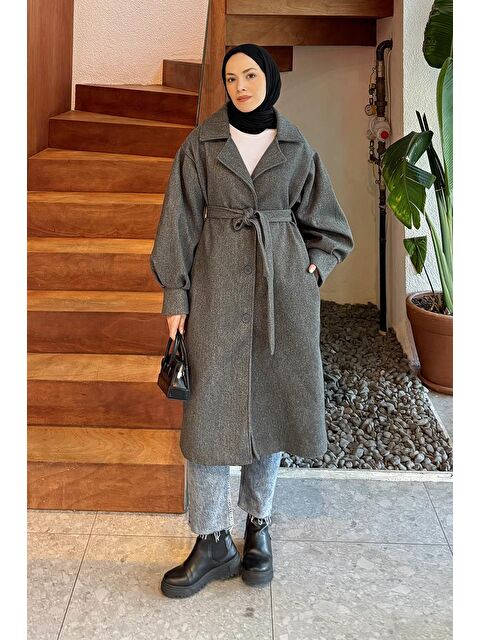 Lamelif Balon Kol Örme Kaşe Kaban Antrasit - S000518463-29666