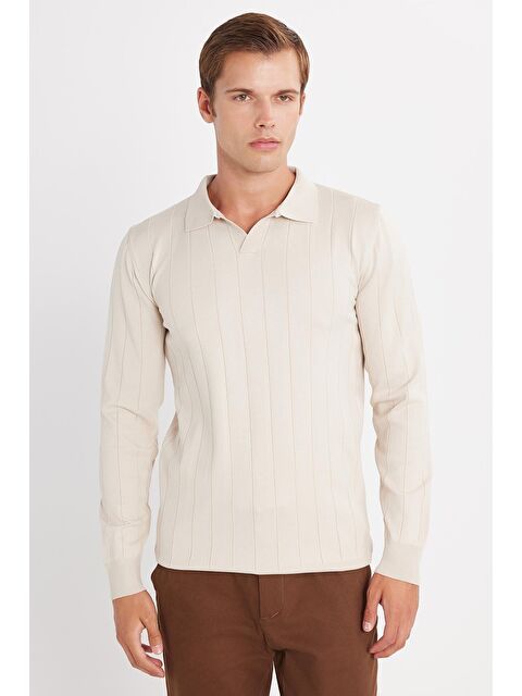 TUDORS Erkek Slim Fit Dar Kesim Uzun Kol Polo Yaka Çizgili Taş Kazak - S000519803-25636