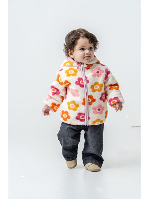 Magu Çocuk Pamuklu Çiçek Desenli Kapüşonlu Fermuarlı Mont - Renkli Polar Dış Giyim - S000437398-23173