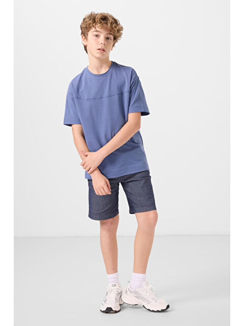 Tommylife Koyu Mavi Jean Lacivert Pamuklu Oversize Fit Dokuma Hafif Esnek Chino Erkek Çocuk Şort Takım   11279 - S000387232-19393