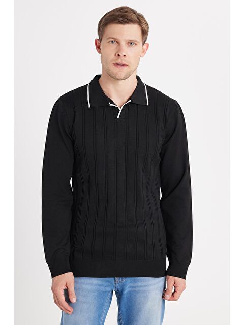 TUDORS Erkek Slim Fit Dar Kesim Çizgi Detaylı Siyah Polo Yaka Kazak - S000519806-19351