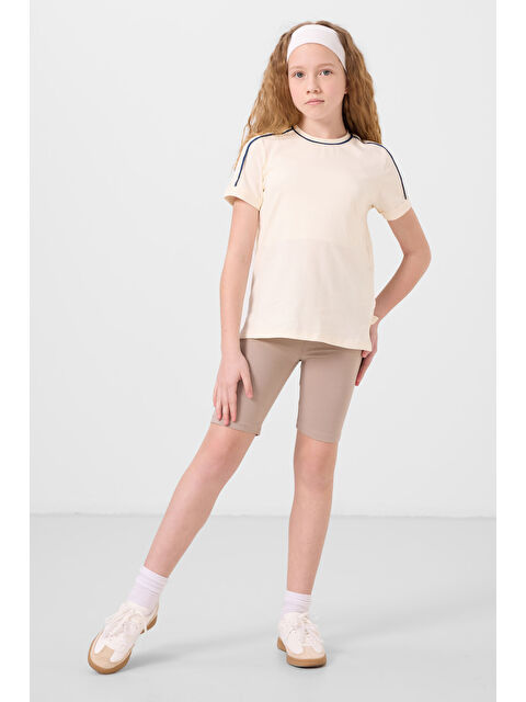 Tommylife Koyu Bej Pamuklu Kısa Paça Standart Fit Basic Kız Çocuk Tayt - 75188 - S000387210-19933