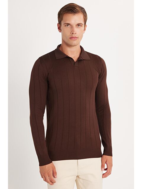 TUDORS Erkek Slim Fit Dar Kesim Uzun Kol Polo Yaka Çizgili Kahverengi Kazak - S000519810-19413
