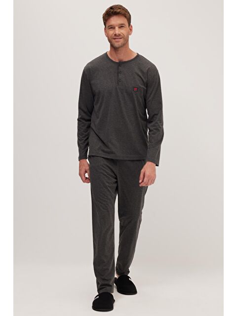 TUDORS Erkek Standart Fit %100 Pamuk Bisiklet Yaka Beli Lastikli Antrasit Pijama Takımı - S000522050-29666