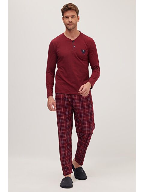 TUDORS Erkek Regular Fit Pamuklu Düğmeli Yaka Beli Lastikli Desenli Bordo Pijama Takımı - S000522051-19951