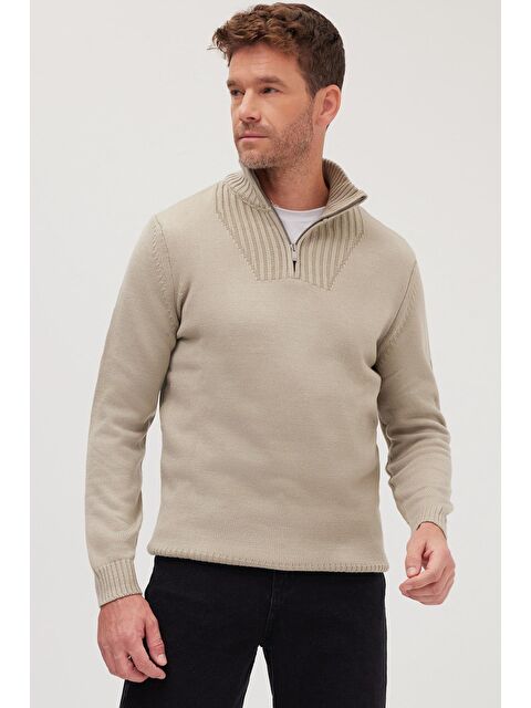 TUDORS Erkek Slim Fit Dar Kesim Armürlü Fermuarlı Taş Dik Yaka Kazak - S000519814-18194