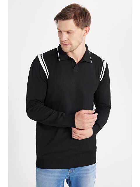 TUDORS Erkek Slim Fit Dar Kesim Uzun Kol Polo Yaka Çizgili Siyah Kazak - S000519816-19351