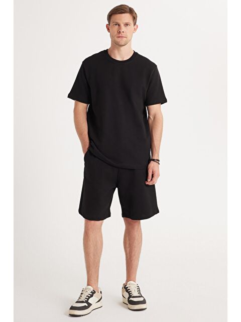 TUDORS Relax Fit Rahat Kesim %100 Pamuk Hafif Kalın Özel Tasarım Erkek Siyah Şortlu Eşofman Takım - S000522052-19351