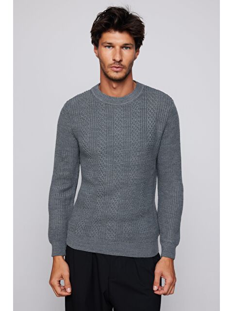 TUDORS Erkek Slim Fit Bisiklet Yaka Desenli Gri Triko Kazak - S000519819-20600